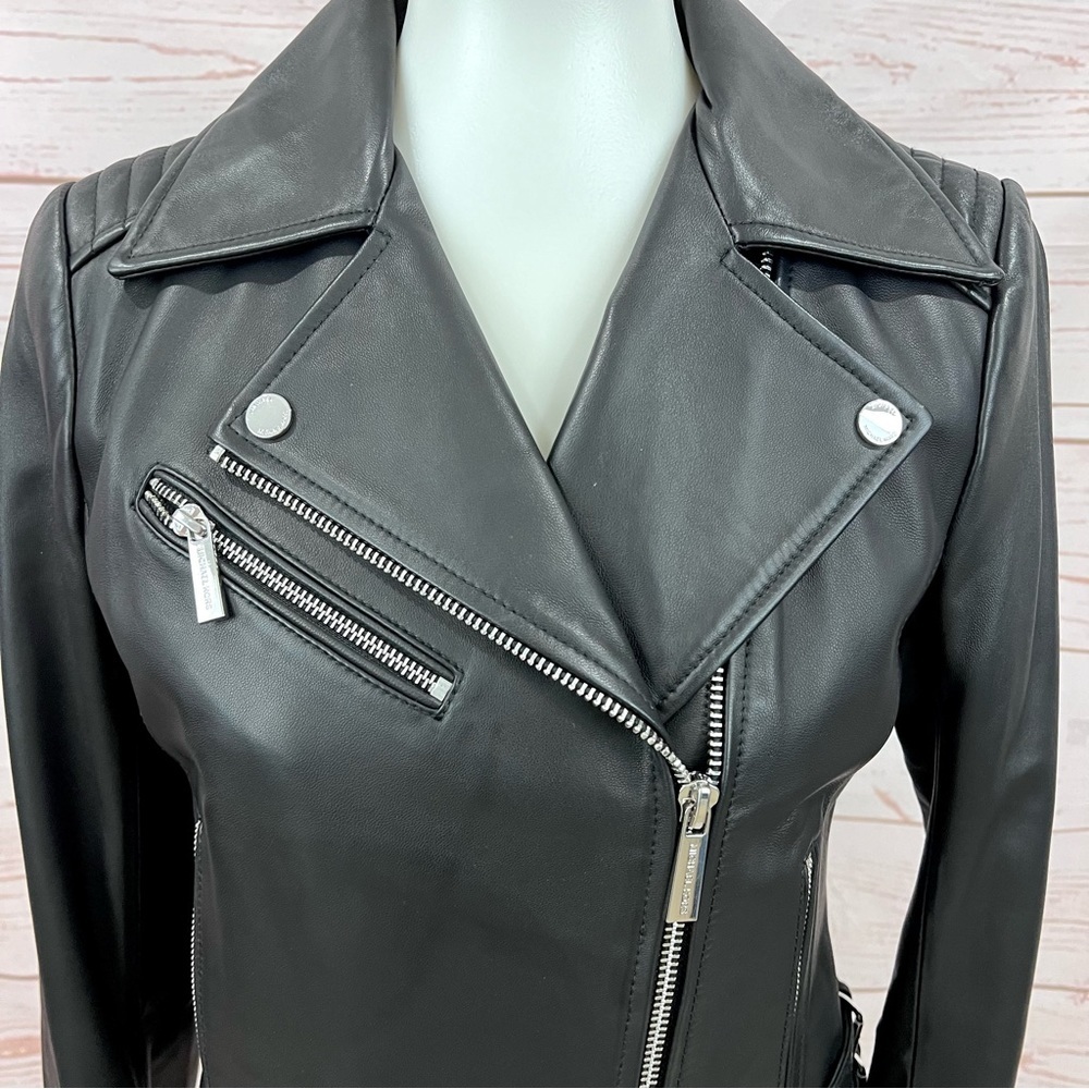 Michael Kors Quilted Leather Moto Jacket Asymmetrical Zip Buckle Genuine - Picture 2 of 16
